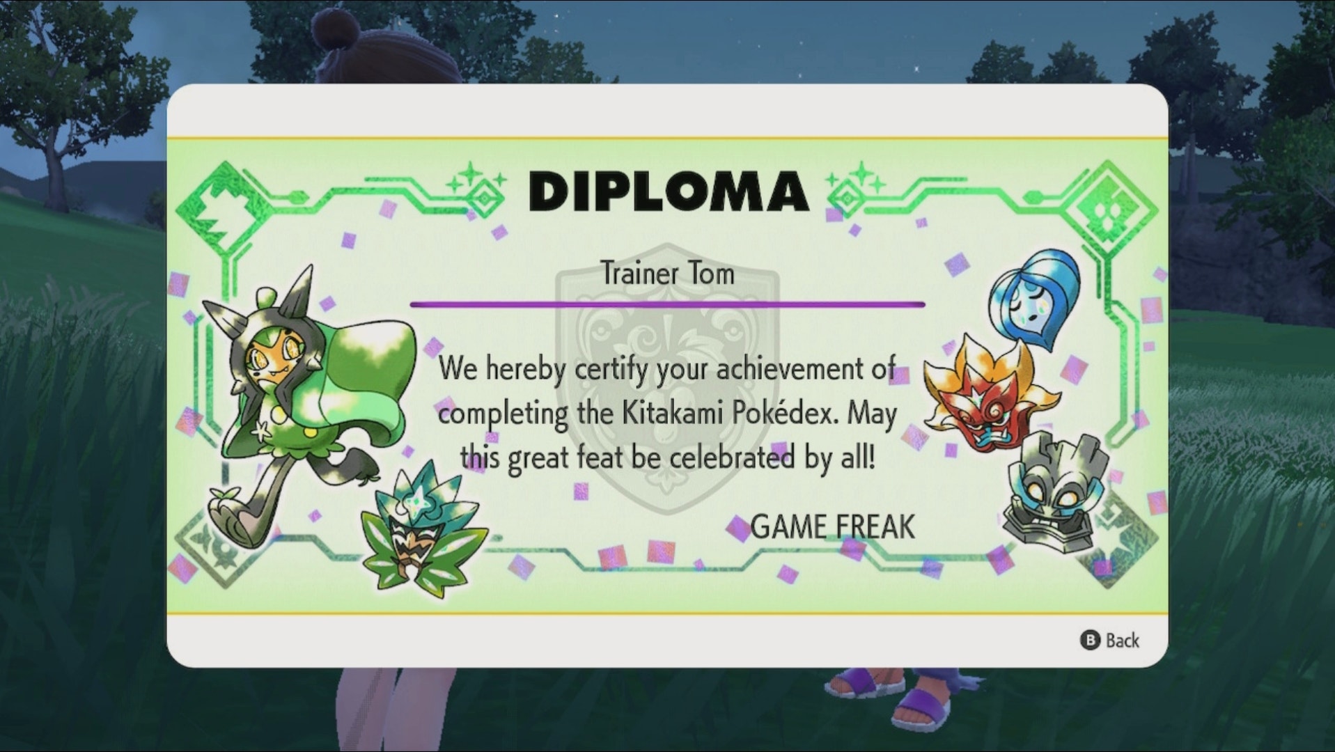 A screenshot of Pokémon Violet: The Teal Mask. Pictured is the diploma you receive for catching every Pokémon in the Kitakami Pokédex.